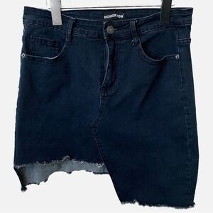 Momokrom Distressed Raw Edge High Low Hem Denim Mini Dark Blue Wash Skirt